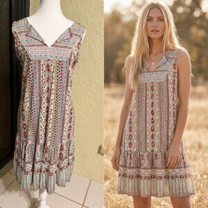 Style & Co Sleeveless Tiered Boho Dress Geometric Print Size S